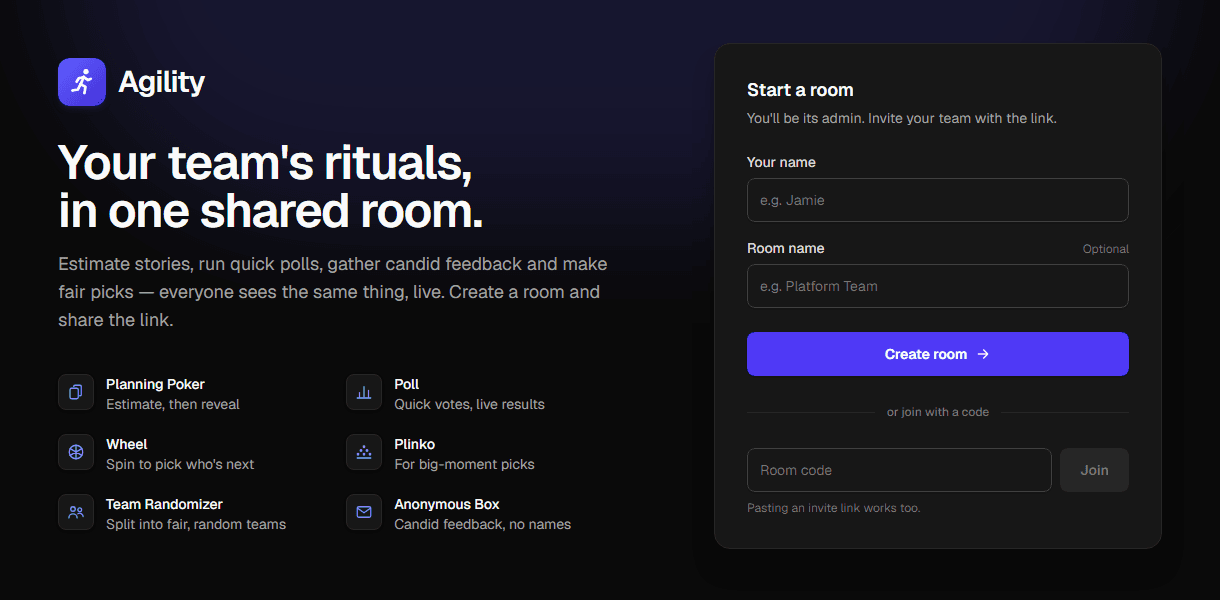 Agility home page: a Start a room form next to a list of activities including Planning Poker, Poll, Wheel, and Plinko