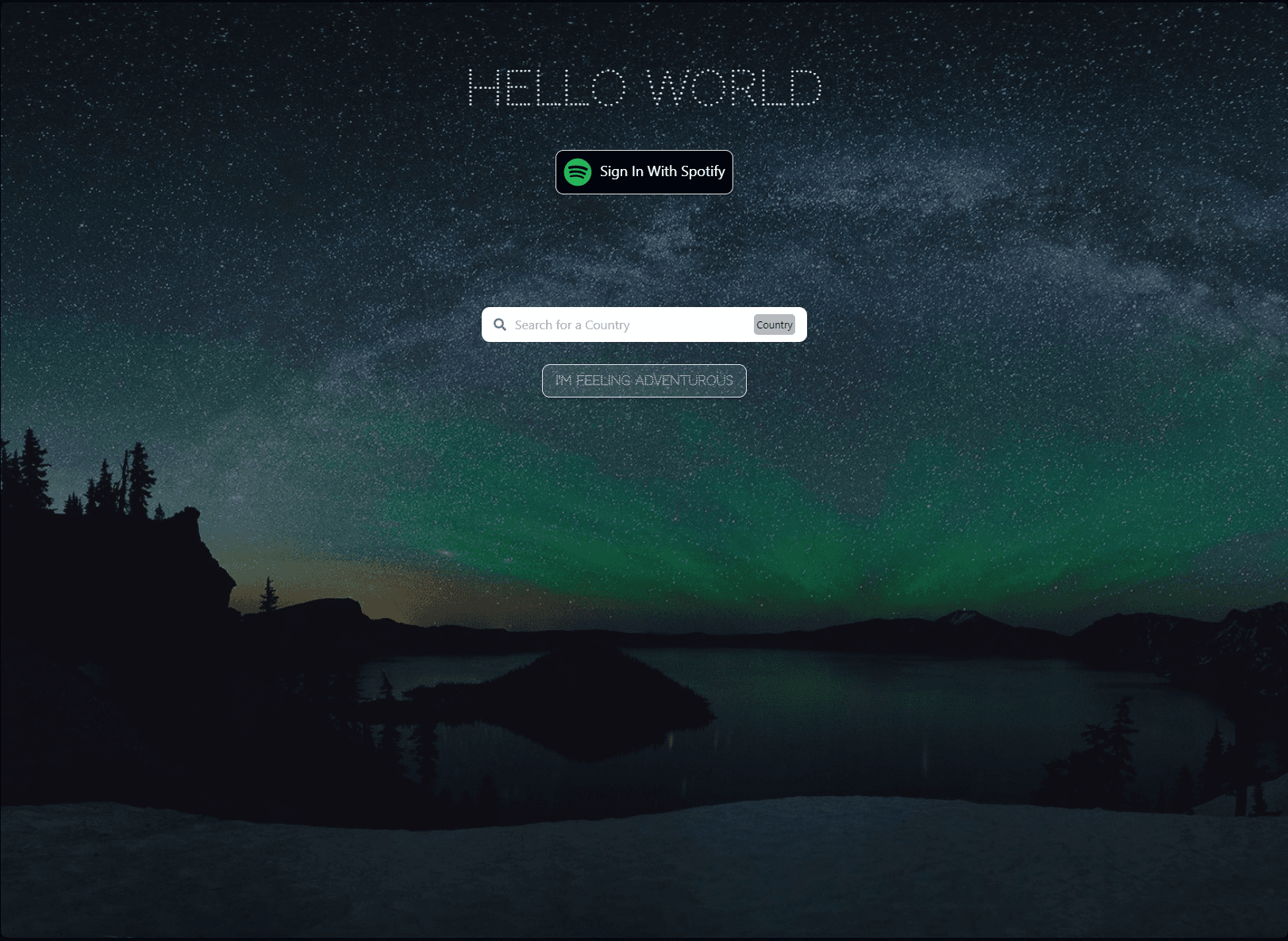 Hello World home screen: a country search box over a night sky with the northern lights